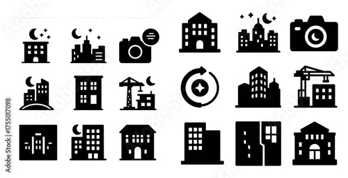 Urban and architecture icons set – solid, silhouette, city planning elements