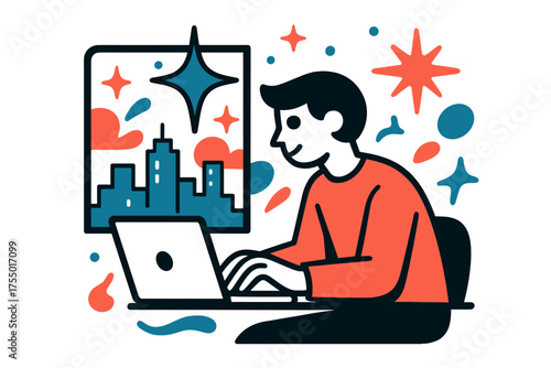 Evening City Dedication. Evening Hustle. A glowing city skyline through window while person works on laptop, abstract floating spark and star shapes