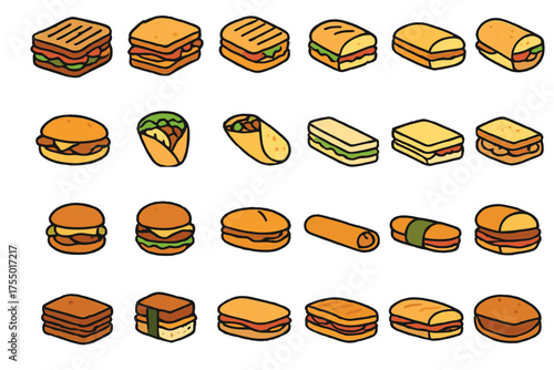 Delicious variety of sandwiches and snacks on a white background showcasing different styles and presentations