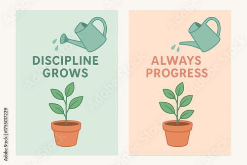 Discipline and Progress. Growth. Two vertical A6 banners with safe margins, centered composition, no elements touching edges, pastel style, mint and peach,