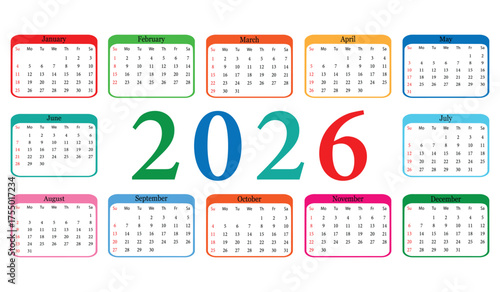 Colorful 2026 calendar grid with year display. 2026 yearly calendar design vector