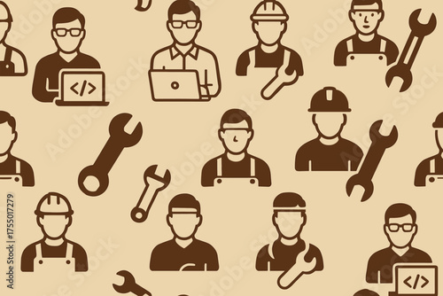Variety of worker icons representing different trades and skills on a beige background