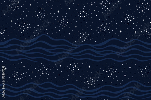 Night sky with stars and waves illustrated in a simple design for calming ambiance