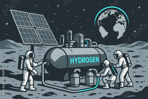 Scientists working on hydrogen extraction from lunar resources during a lunar mission at night with Earth visible
