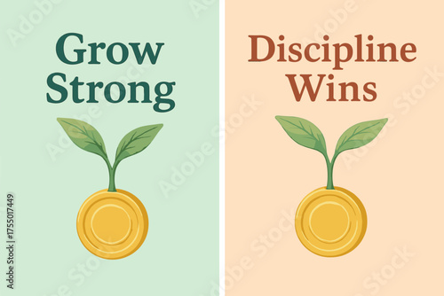 Growth Banners. Growth. Two vertical A6 banners with safe margins, centered composition, no elements touching edges, pastel style, mint and peach, plant
