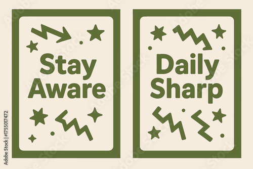 Stay Aware, Daily Sharp. Inspiration. Two vertical A6 banners with safe margins, centered composition, no elements touching edges, memphis style, olive green