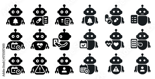 Robot health solid icons set – automation, technology, medical symbols