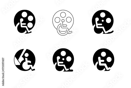 Inclusive Media Logos. Disability Representation in Media. Set Logo of Disability Representation in Media: inclusive film reel. harmonious logo variations of