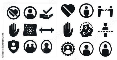 Community engagement solid icons set – filled, social, interaction symbols