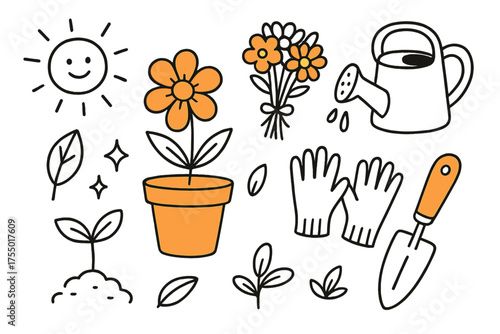 Blooming Garden Scene. Flower Growing. Hand-drawn doodle illustration blooming flower (colored), bouquet, watering can (colored), flower pot,