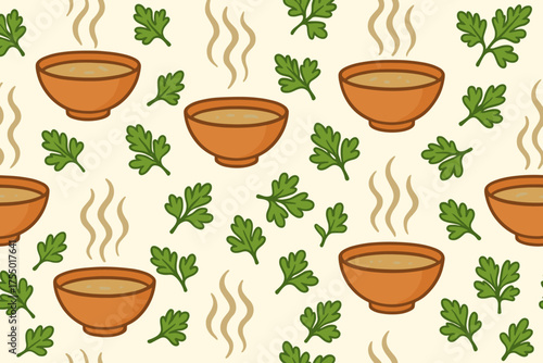 Steam rises from bowls of soup surrounded by fresh green cilantro leaves on a light background