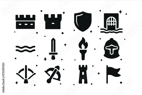 Medieval Defense Icons. Medieval defense. Solid icons set of Medieval defense: fortress wall, battlements, shield, gate, drawbridge, moat, sword, torch, knight