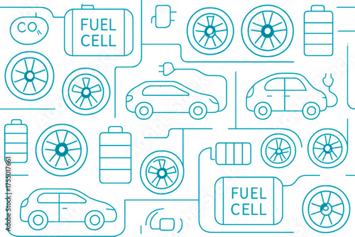 Visual representation of electric vehicle components highlighting fuel cells, batteries, wheels, and circuit connections in a creative design