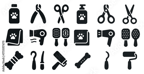 Pet grooming solid icons set - filled, silhouette, animal care essentials