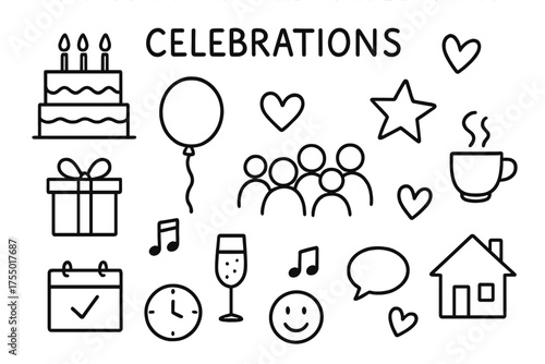 Celebration Doodle Icons. Celebrations. Hand-drawn doodle illustration celebrations cake, balloon, heart, star, people group, gift, coffee cup, champagne