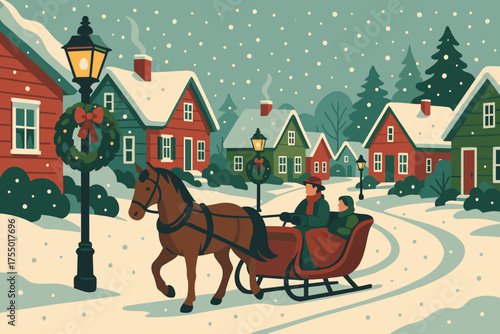 Winter sleigh ride through a snowy village with cozy homes and holiday decorations