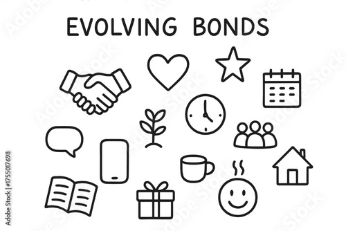 Evolving Bonds Icons. Evolving bonds. Hand-drawn doodle illustration evolving bonds handshake, heart, star, plant, clock, calendar, people group, book, chat
