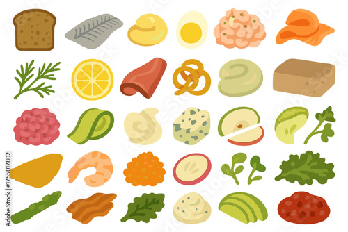 Variety of colorful food ingredients arranged on a white background for cooking and meal preparation