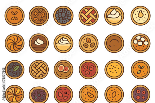 Variety of delicious baked pies arranged in a colorful pattern showing different fillings and toppings