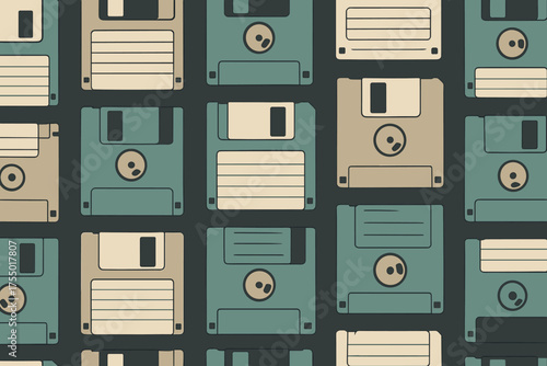 Vintage floppy disks arranged in a neat grid pattern showcasing retro computing technology