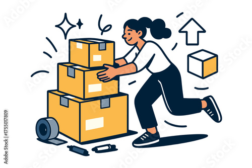 Organized Packing Scene. Packed and ready. Glowing stack of labeled boxes with tape rolls and markers nearby. Floating icons of sparkle, arrow, and cube