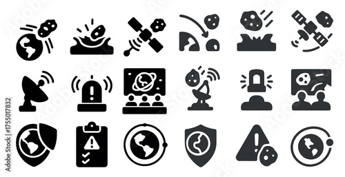 Space and impact solid icons set – filled, satellite, asteroid impact symbols