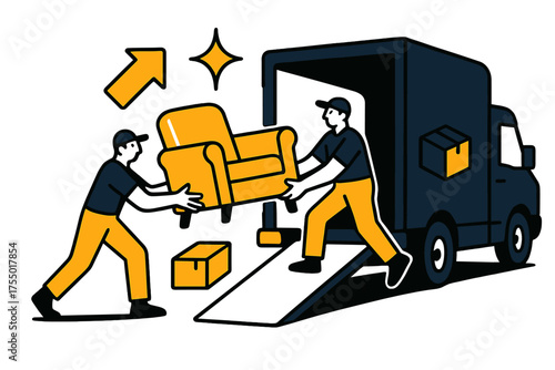 Glowing Movers Action. Loading truck. Glowing movers lifting furniture into a van with open ramp. Floating icons of arrow, sparkle, and box symbolizing
