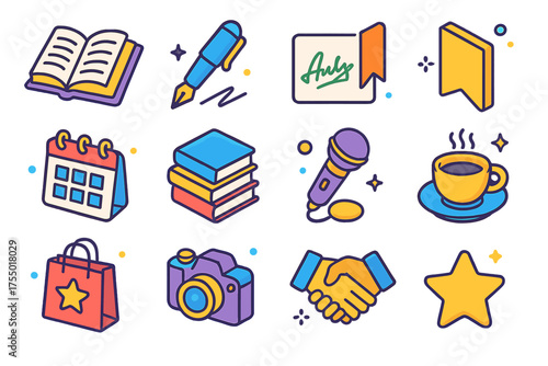 Book Signing Icons. Book Signing. Colorful isometric vector icons set of book signing events: open book, author pen, autograph, bookmark, calendar, stack of