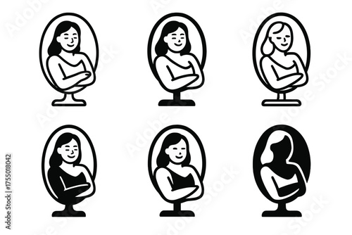 Body Image Logos. Positive Body Image and Self-Acceptance. Set Logo of Positive Body Image and Self-Acceptance: mirror with reflection. harmonious logo