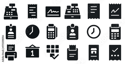 Retail and business solid icons set – filled, commercial, shopping symbols