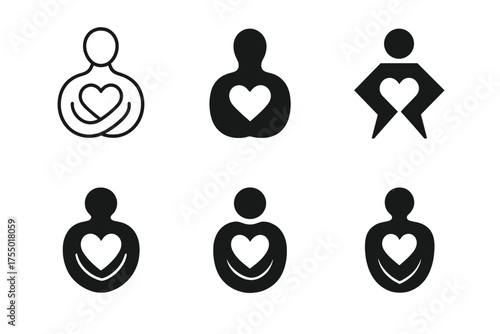 Body Positivity Logos. Positive Body Image and Self-Acceptance. Set Logo of Positive Body Image and Self-Acceptance: person silhouette with heart. harmonious