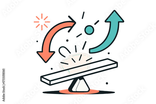 Dynamic Balance Seesaw. Dynamic Equilibrium. A glowing seesaw with arrows shifting sides, abstract floating spark and arrow icons symbolizing adjustment.