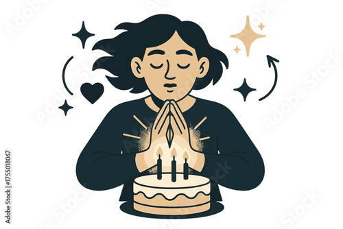 Silent Birthday Wish. Wish in silence. Glowing hands clasped before blowing out candles on cake. Floating icons of sparkle, heart, and star symbolizing inner