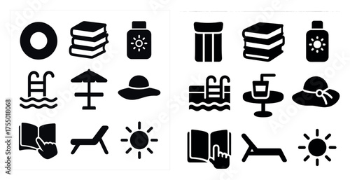 Summer and vacation solid icons set – filled, beach and travel symbols
