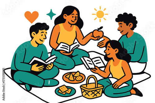 Vibrant Picnic Gathering. Picnic reading. Glowing group sitting on blanket, sharing snacks while reading books together. Floating icons of heart, sparkle, and