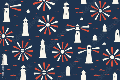 Patterns of lighthouses and windmills on a navy blue background showcasing coastal life and serenity