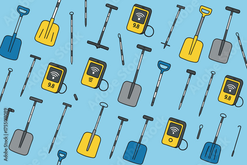 Various tools and devices for snow safety displayed on a blue background, highlighting their important roles in winter sports