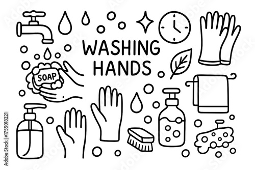 Handwashing Essentials Doodle. Washing hands. Hand-drawn doodle illustration washing hands soap bar, water droplet, faucet, sink, bubbles, towel, hand, soap