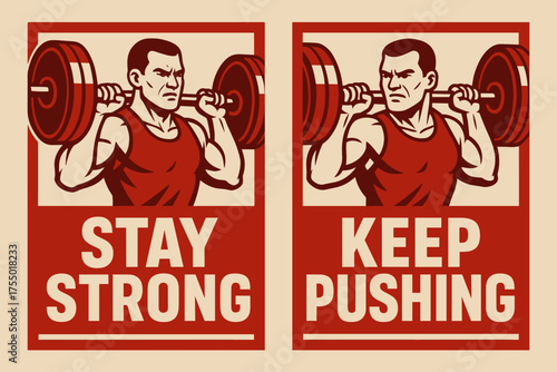 Athlete's Determined Strength. Strength. Two vertical A6 banners with safe margins, centered composition, no elements touching edges, bold style, red and