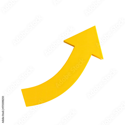 A 3D rendered bright yellow upward curving arrow against a stark black background
