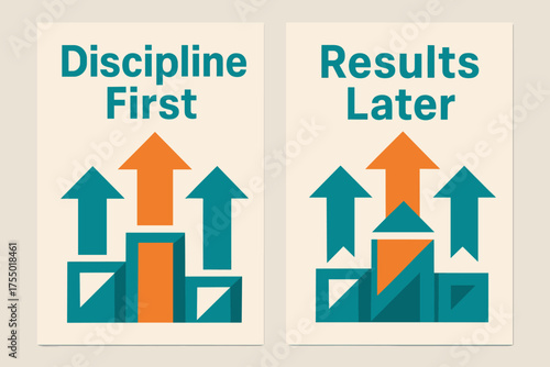 Discipline and Results. Determination. Two vertical A6 banners with safe margins, centered composition, no elements touching edges, geometric style, turquoise