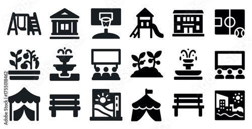 Outdoor recreation solid icons set – silhouette, filled, sports and leisure symbols