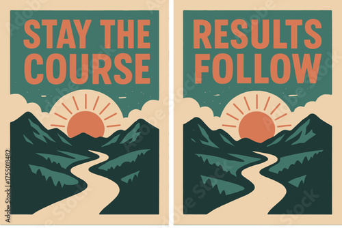 Retro Motivation Banners. Mindset. Two vertical A6 banners with safe margins, centered composition, no elements touching edges, retro style, coral and teal,