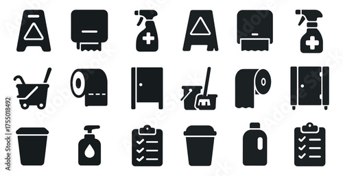 Cleaning and hygiene solid icons set – flat, filled, sanitation and janitorial symbols