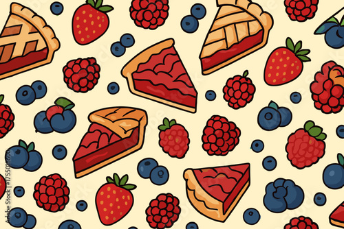 Colorful pattern of fruit pies and berries on a light background, celebrating summer desserts and freshness