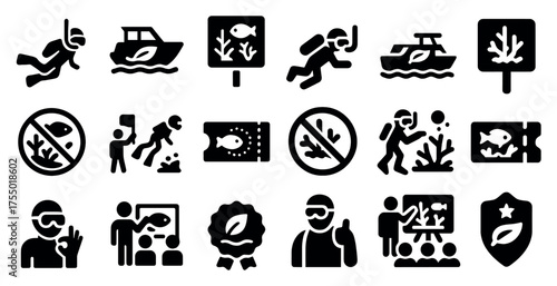 Marine conservation icons set – solid, filled, ocean and environmental protection symbols