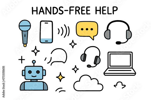 Voice Command Icons. Hands-Free Help. Hand-drawn doodle illustration microphone (colored), phone (colored), voice command wave, sparkle, chat bubble (colored),