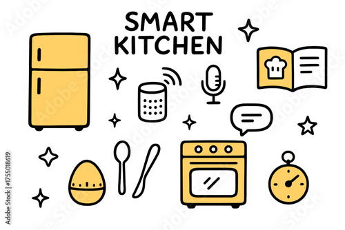 Smart Kitchen Doodles. Smart Kitchen. Hand-drawn doodle illustration fridge (colored), oven (colored), smart speaker, recipe book (colored), sparkle,