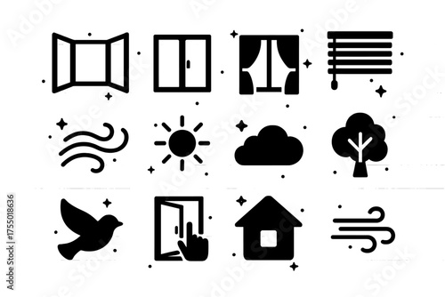 Window Icons Collection. Opening windows. Solid icons set of Opening windows: open window, closed window, curtains, blinds, fresh air wave, sun, cloud, tree,