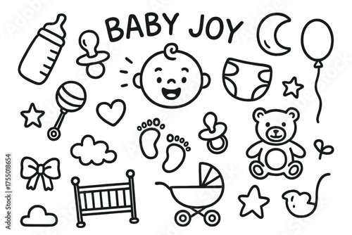 Baby Joy Doodles. Baby joy. Hand-drawn doodle illustration baby joy bottle, pacifier, rattle, diaper, teddy bear, heart, footprint, star, moon, balloon,